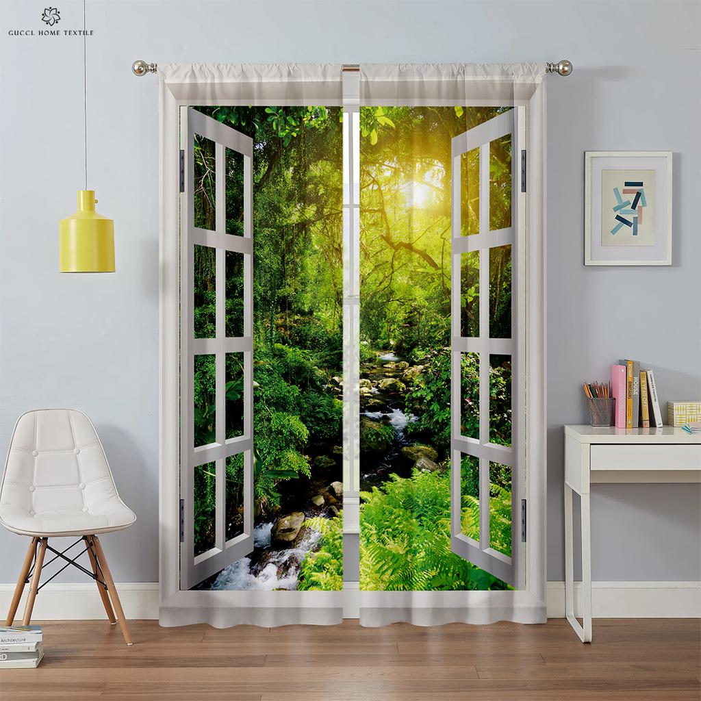 3D Printed Curtains for Window Scenery, Simulation, Modern, Decorative, Bedroom, Living Room, Study, 2Pcs