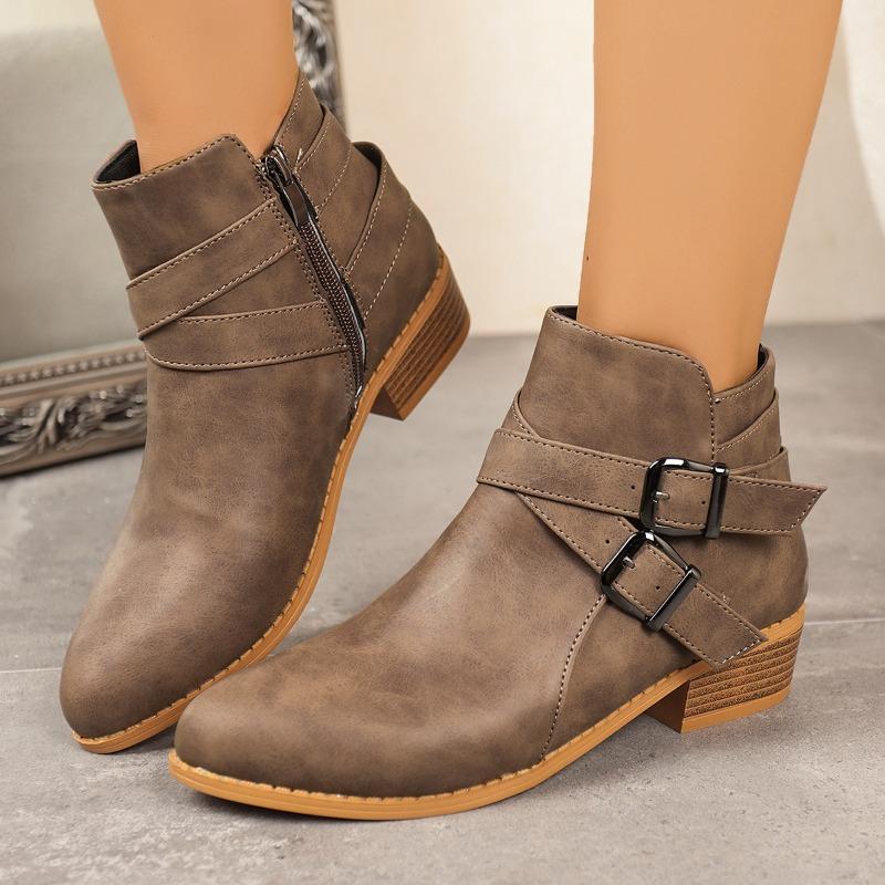 Big Size Women Pointed Toe Ankle Boots Chunky Heel Buckle Boots Side Zipper Retro Autumn Winter Designer Shoes Zapatos De Mujer