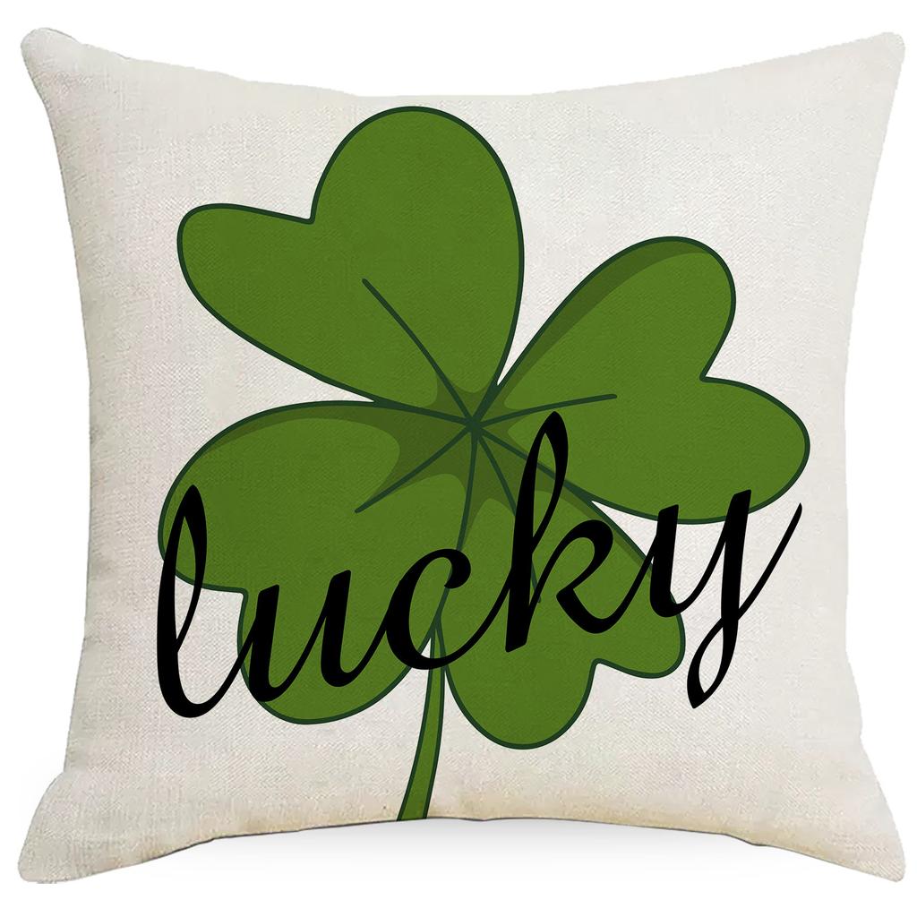 St. Patrick's Day Pillow Cover Four-leaf Crop Line Print Home Sofa Pillow Cover