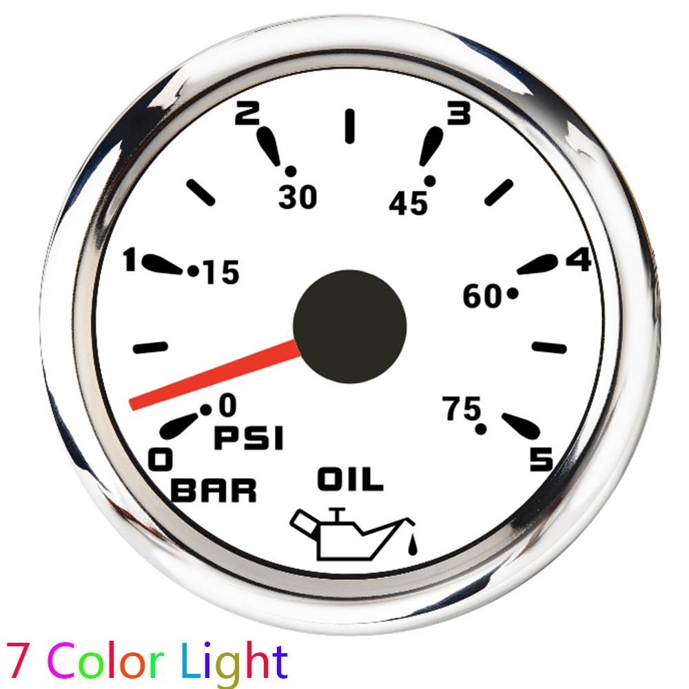 2"; 52MM Oil Pressure Gauge with 7 Color Light Pointer Oil Press Meter Indicator 0-5 Bar 0-75 PSI Auto Car Gauge for Boat