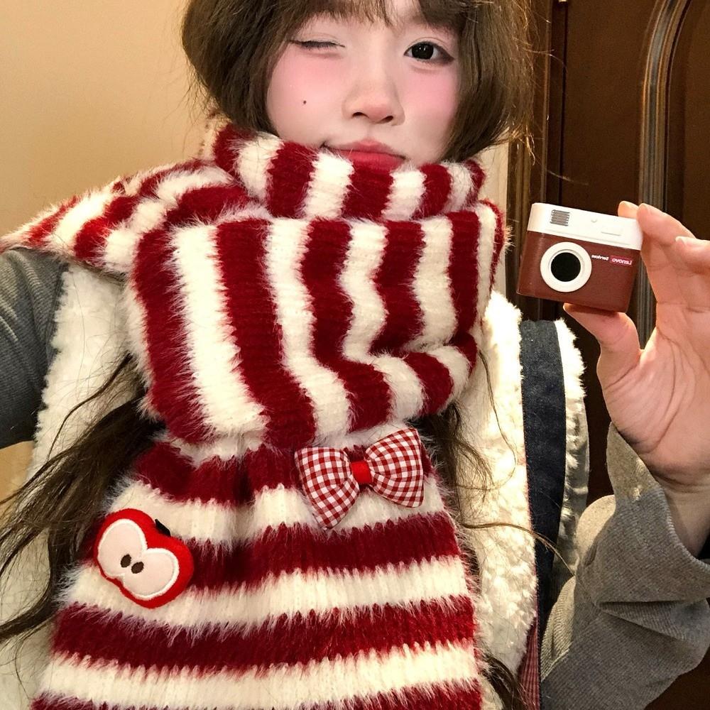Polyester Warm Winter Scarf Cold Proof Striped Bow Scarf Plush Knitted Neck Scarf Cold Weather