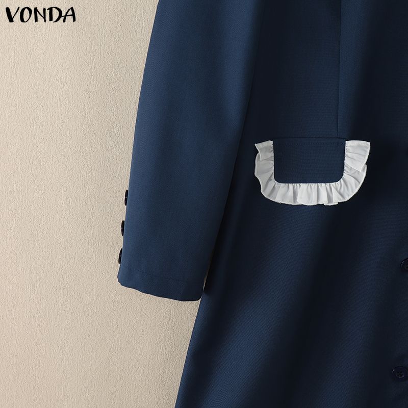 VONDA Women Elegant Big Lapel Neck Long Sleeve Stitching Casual Mini Dress