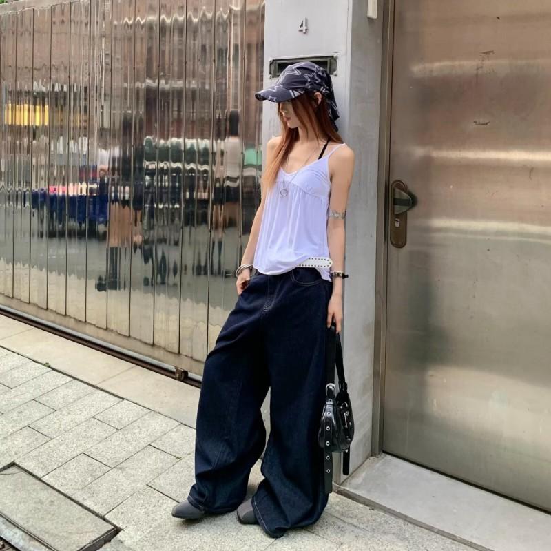 Womens High-Waisted Wide-Leg Denim Pants Streetwear Loose Fit Hip Hop Style Casual Jazz Dance Trousers