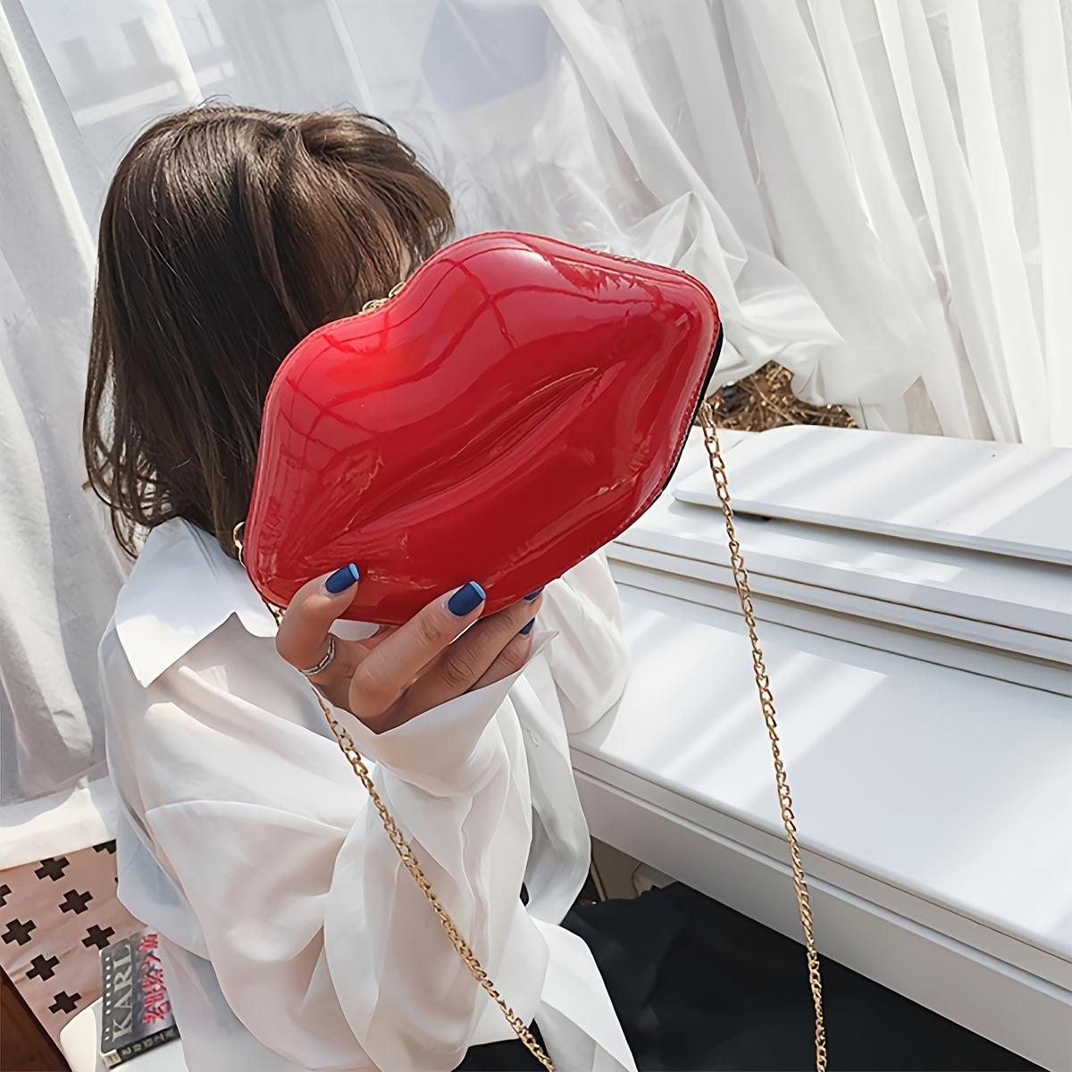 Xykk01 Women's Red Bright Creative Lip Shape Bag, Korean Style, Chain Shoulder Crossbody Bag