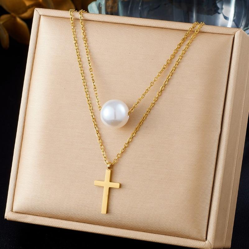 Gold Plated Stainless Steel Double Layer Cross & Pearl Pendant Necklace for Women