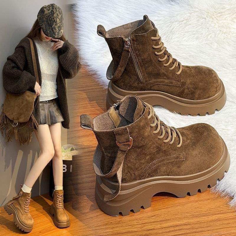 Thick-soled Matte Martin Boots Women's 2025 Autumn New Muffin Heightening Retro Locomotive Short Boots Lace-up
