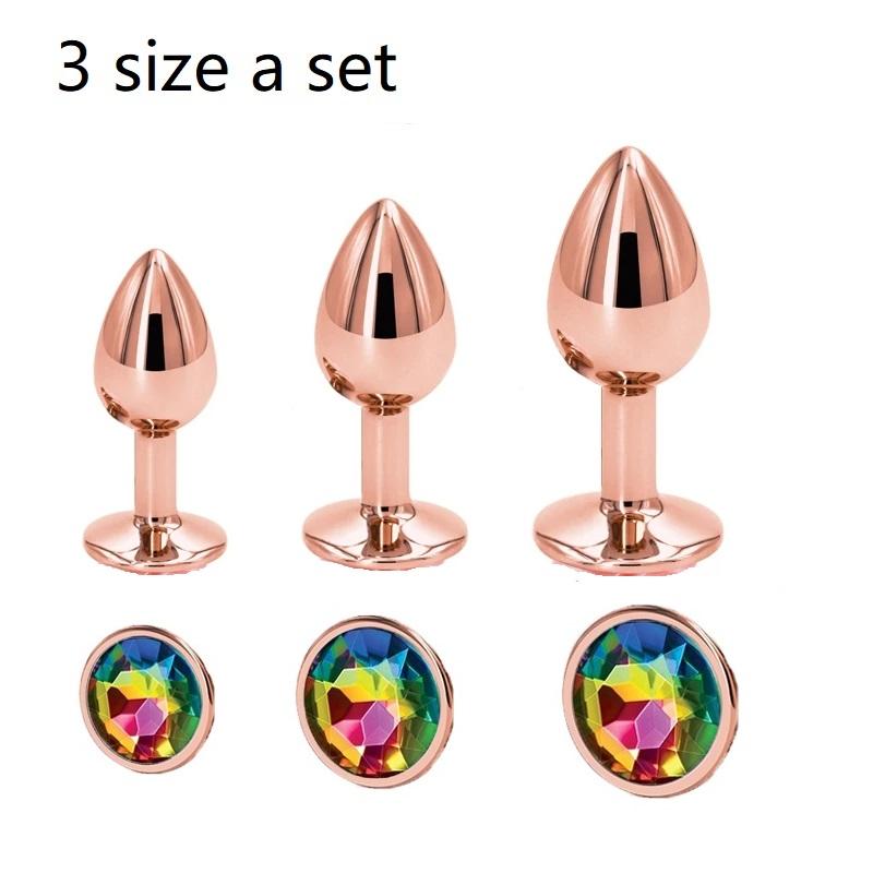 Rainbow Rose Gold Pink Small Medium Size Set Heart Shape Crystal Metal Anal Beads Butt Plug Jewelry Sex Toy for Female Male