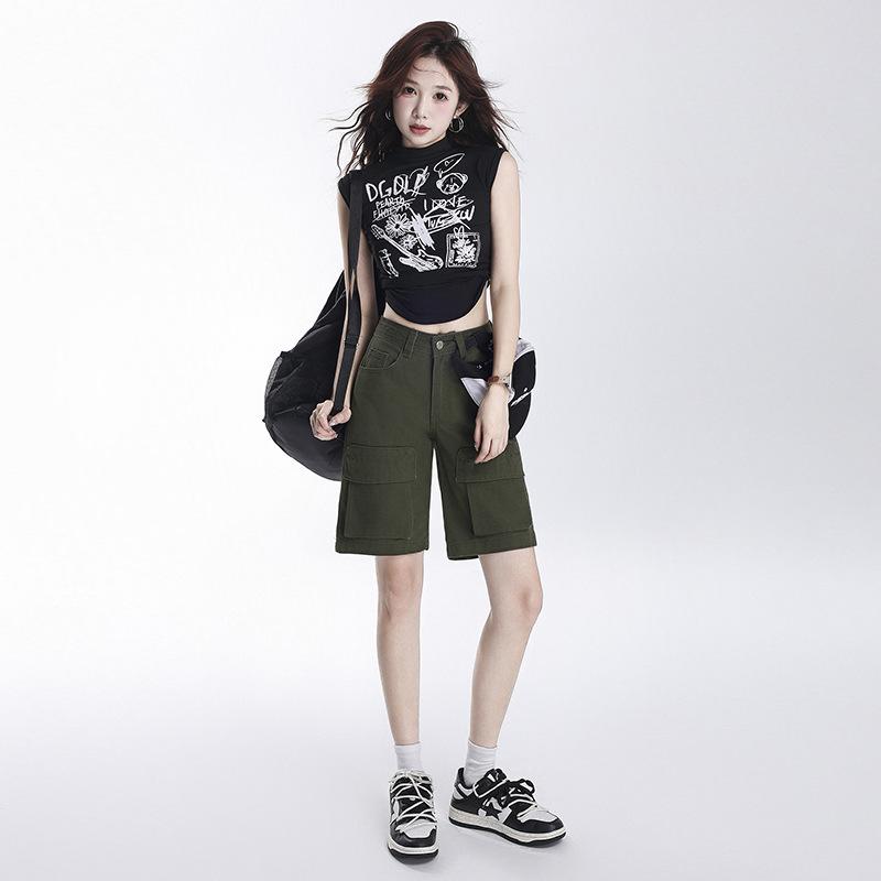 Women s High-Waist Retro Military Green Multi-Pocket Denim Shorts L