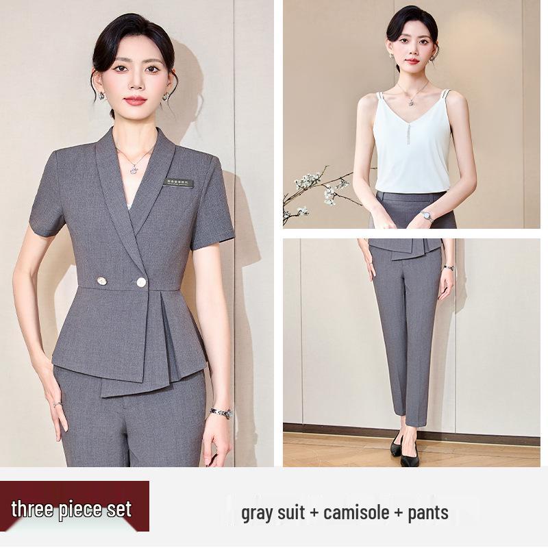 Women's Professional Short Sleeve Summer Suit – Elegant Formal Wear for Manager, Secretary, Hotel Front Desk, and Reception Work.