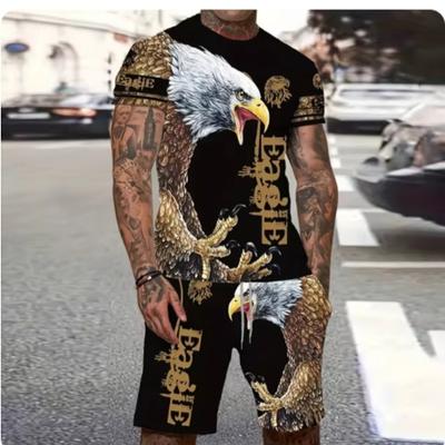 2024 Fashion Men's Suit Printed Vintage Eagle Pattern Summer Casual Breathable Sports Running Suit Oversized Men's Top Y2K Style