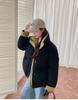 Short Stand Collar Contrast Color Thickened Loose Warm Puffer Jacket with Adustable Hem