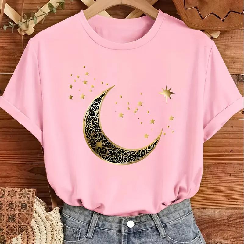 

Женская летняя футболка Ретро мода Футболки с коротким рукавом Повседневные топы с принтом луны 8XL розовый