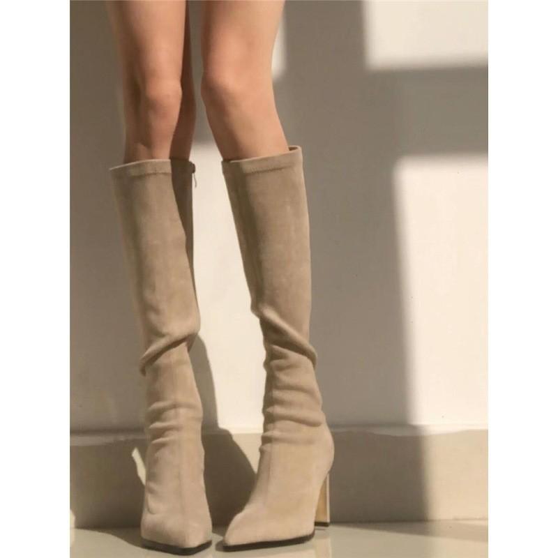 Nude high-heeled boots children's autumn and winter new but knee elastic pointed thick-heeled boots