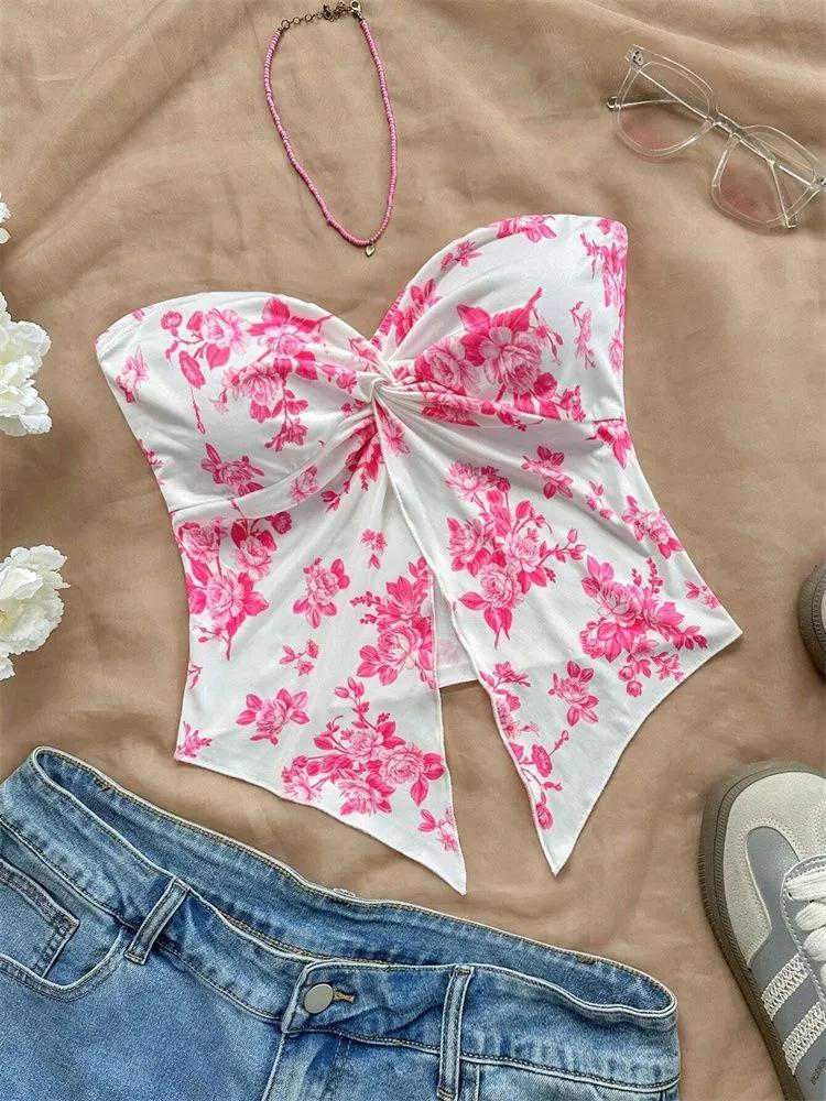 Tank Top phumee Twist Knot Front Off the Shoulder Floral Print A2425