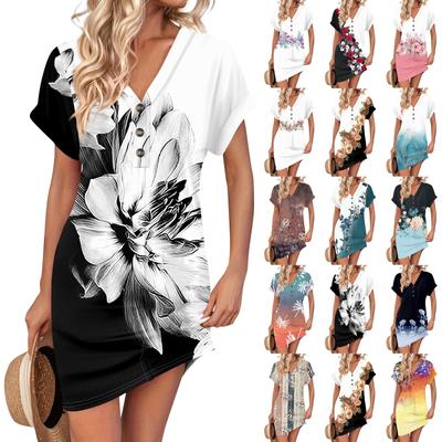 Women's Dress V Neck Button Short Sleeve Casual Summer Tunic Dresses Loose Dress