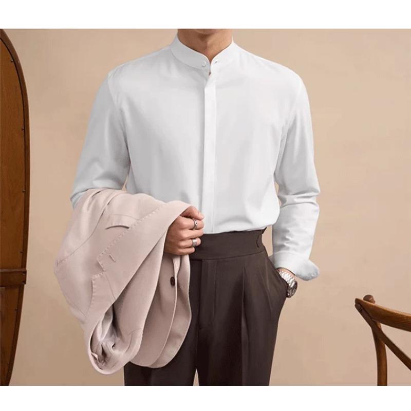 Mens Stand Collar Non Iron Slim Fit Long Sleeve Cool Casual Shirt