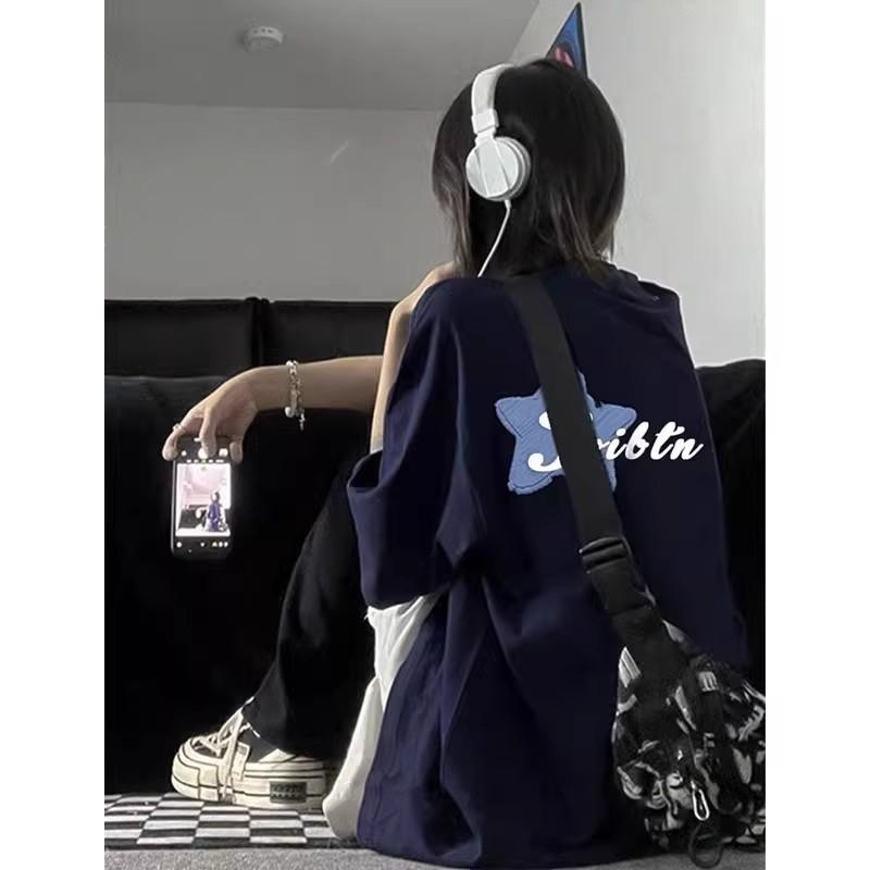 

Pure cotton navy blue short-sleeved t-shirt women s new summer loose American retro niche half-sleeved trendy couple top M тёмно-синий