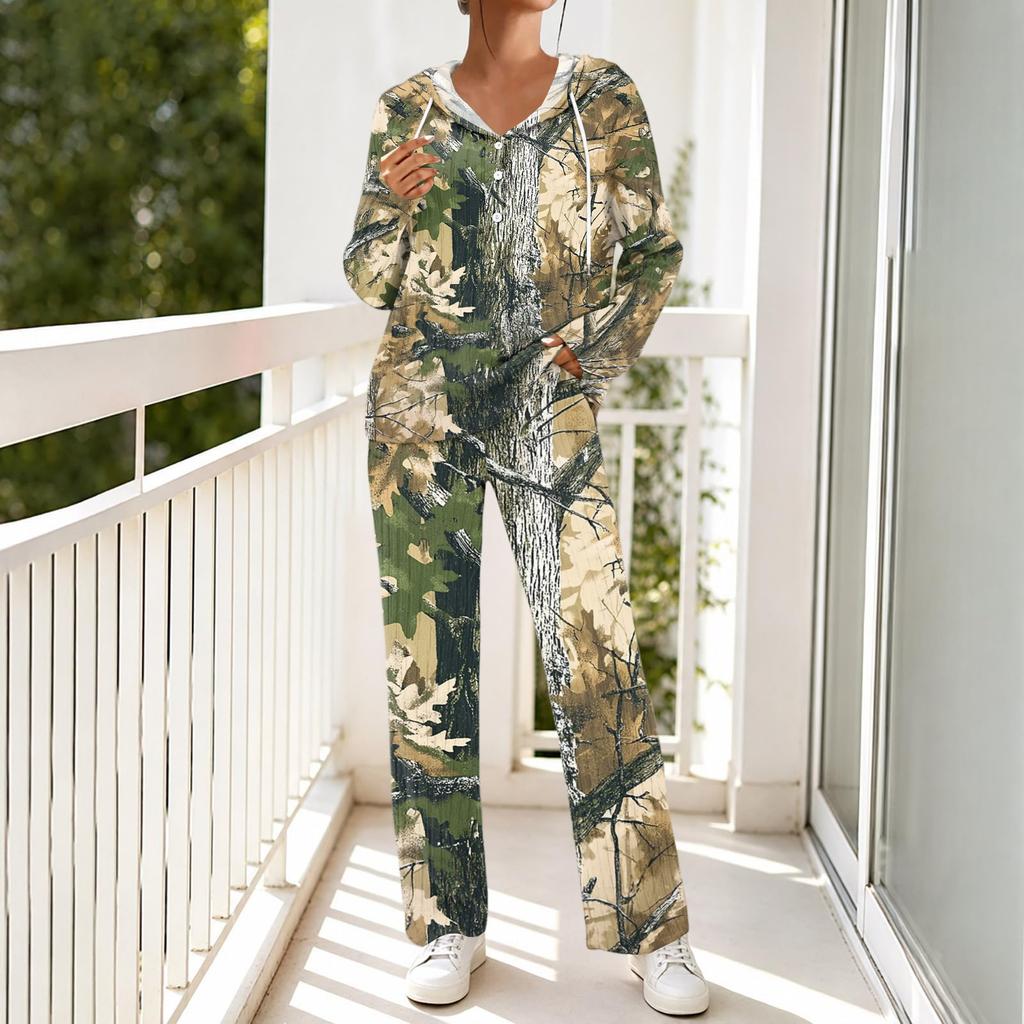 Women's Casual Hooded Pajama Set with V-Neck, Long Sleeves, Loose Fit, Print and Pockets for and Sleep