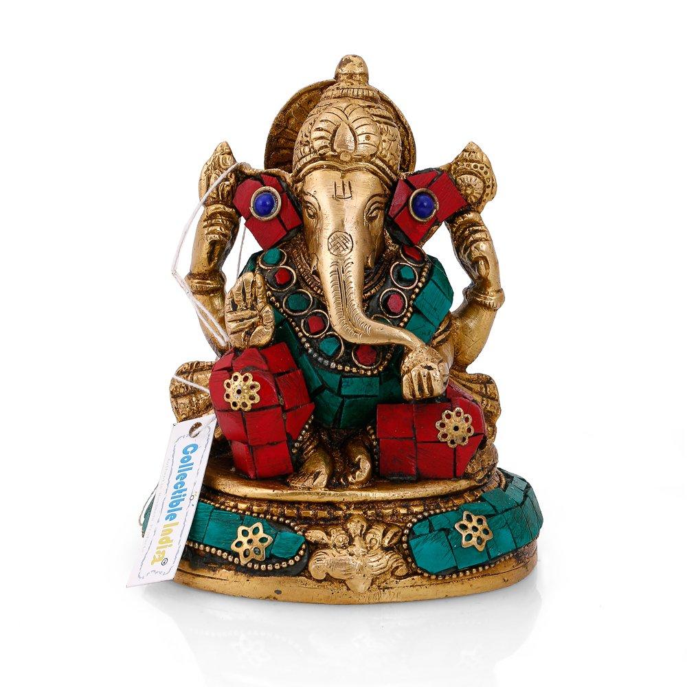 God Ganesha Idol, Ganpati Ji Handmade Religious Statue, Brass, Multicolor Idol