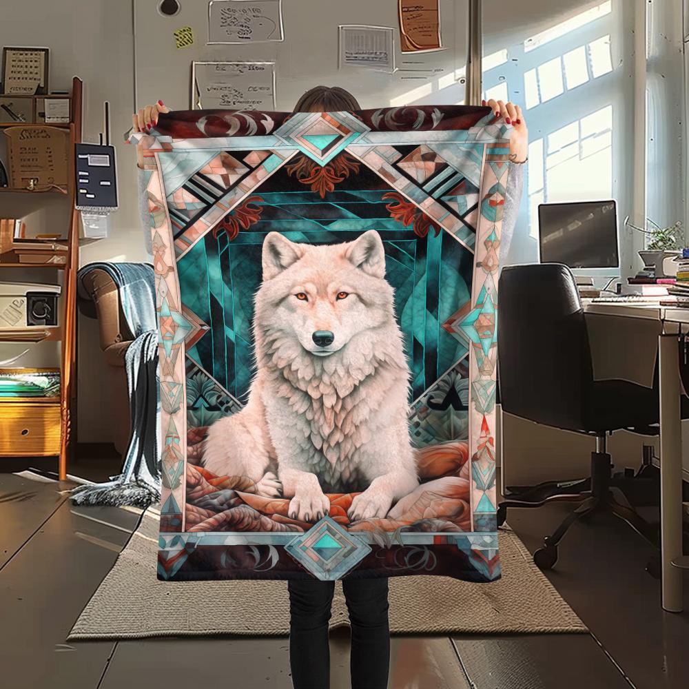 1Pc Natvie Wolf Print Flannel Blanket, High quality Comfortable for All Seasons, Home Decor, Warmth and Comfort, Perfect for Christmas Gifts