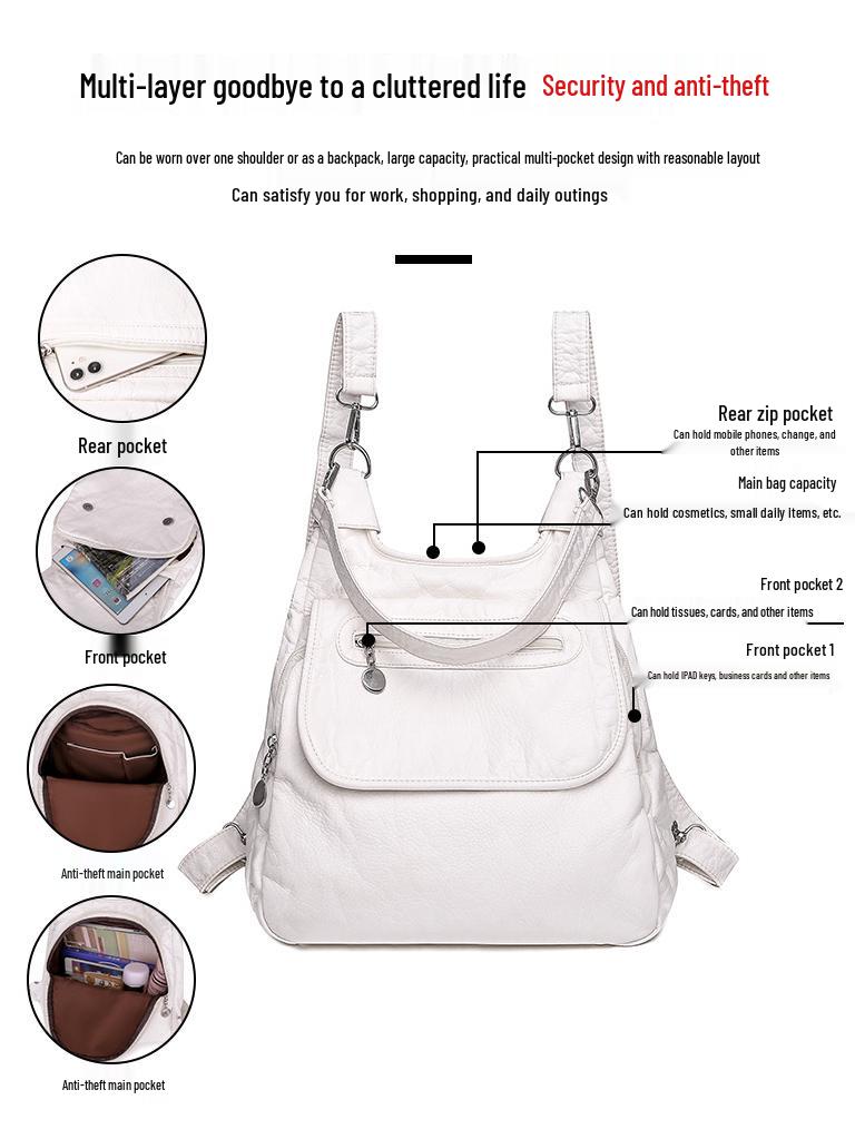 Damen Handtasche mit großer Kapazität aus gewaschenem weichem Leder, Umhängetasche, koreanischer Stil, vielseitiger Rucksack