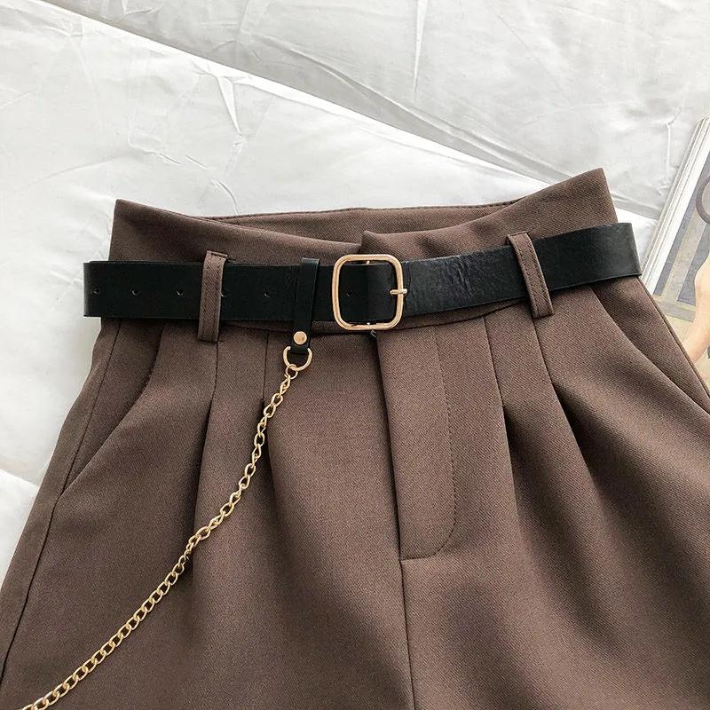 WTEMPO Women Shorts Spring Summer Large Size Solid Color Short Pants Office Ladies Mid Waist Loose A-line Chain Shorts with Belt Suit Shorts