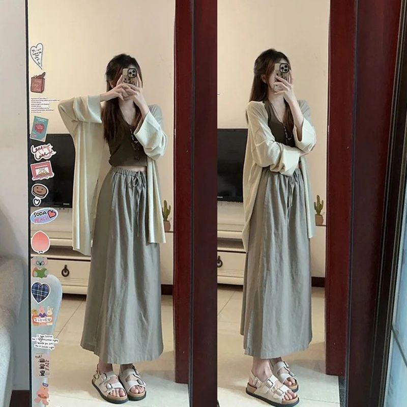 

Summer Set: Sun Protection Cardigan, Halter Vest & Retro Midi Skirt for Women Medium (M)