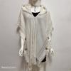 Damen Poncho mit Dreiviertelärmel, Kapuzenpullover Hoodie, Unifarben, Streetwear, Fransen, Lochmuster Strick Pullover Top