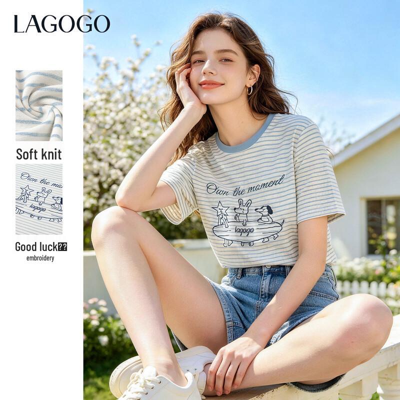 LAGOGO Women s Striped Embroidered Pet T-Shirt L