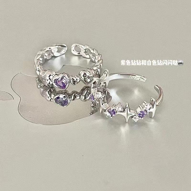 Sweet Wind Purple Diamond Love Zircon Open Ring Female Quadrangle Niche Cold Wind Light Luxury Personality Ring