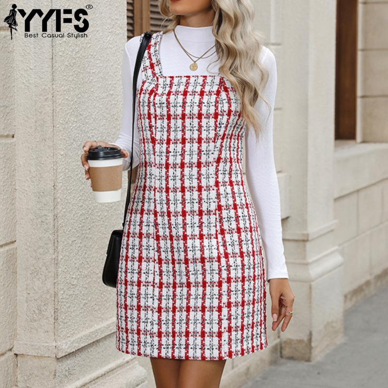 DAFIFY Women's Fashion Spring Fall Plaid Print Sleeveless Suspenders Middle Waistline Casual Dresses