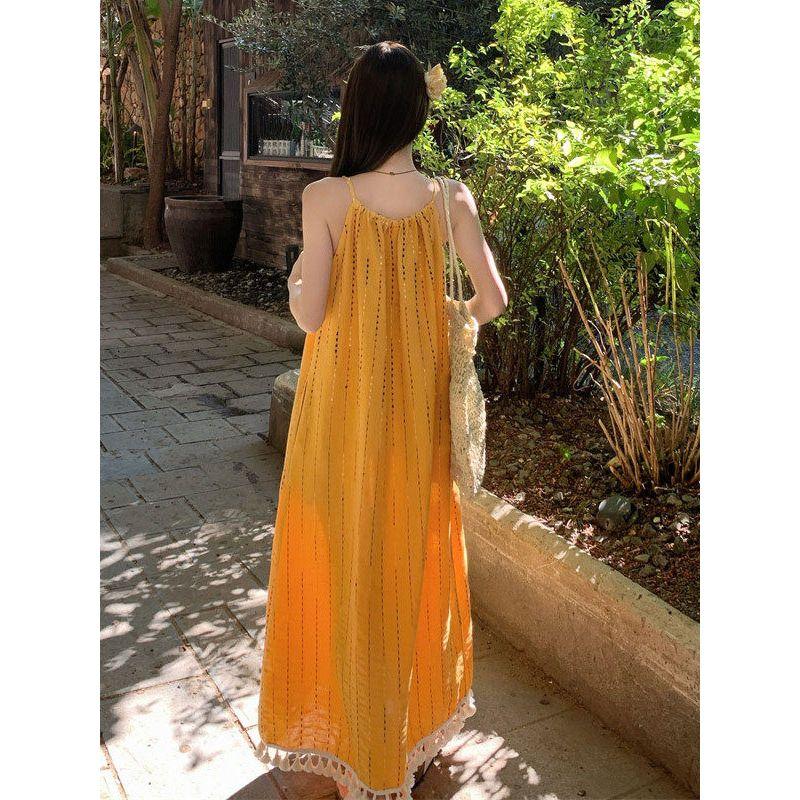 Plus size women clothing Chubby Girl Summer New Korean Style Loose Slimming Super Nice Temperament Yellow Tassel Sling Dress