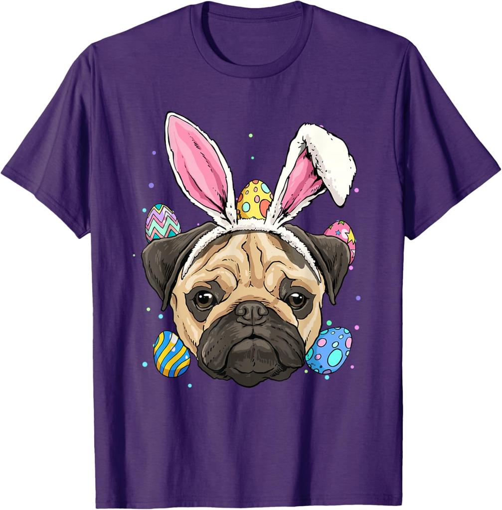 Mops Osterhase T-Shirt Niedlicher Hund mit Hasenohren Grafik-T-Shirt Frühlingsfeiertagsgeschenk