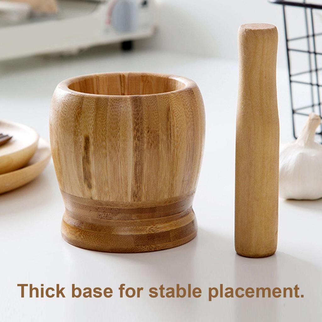 Traditional Bamboo Mortar And Pestle Set Garlic Grinder Herb Masher Seasoning Crusher Kitchen Tool For Mash Spices Pepper