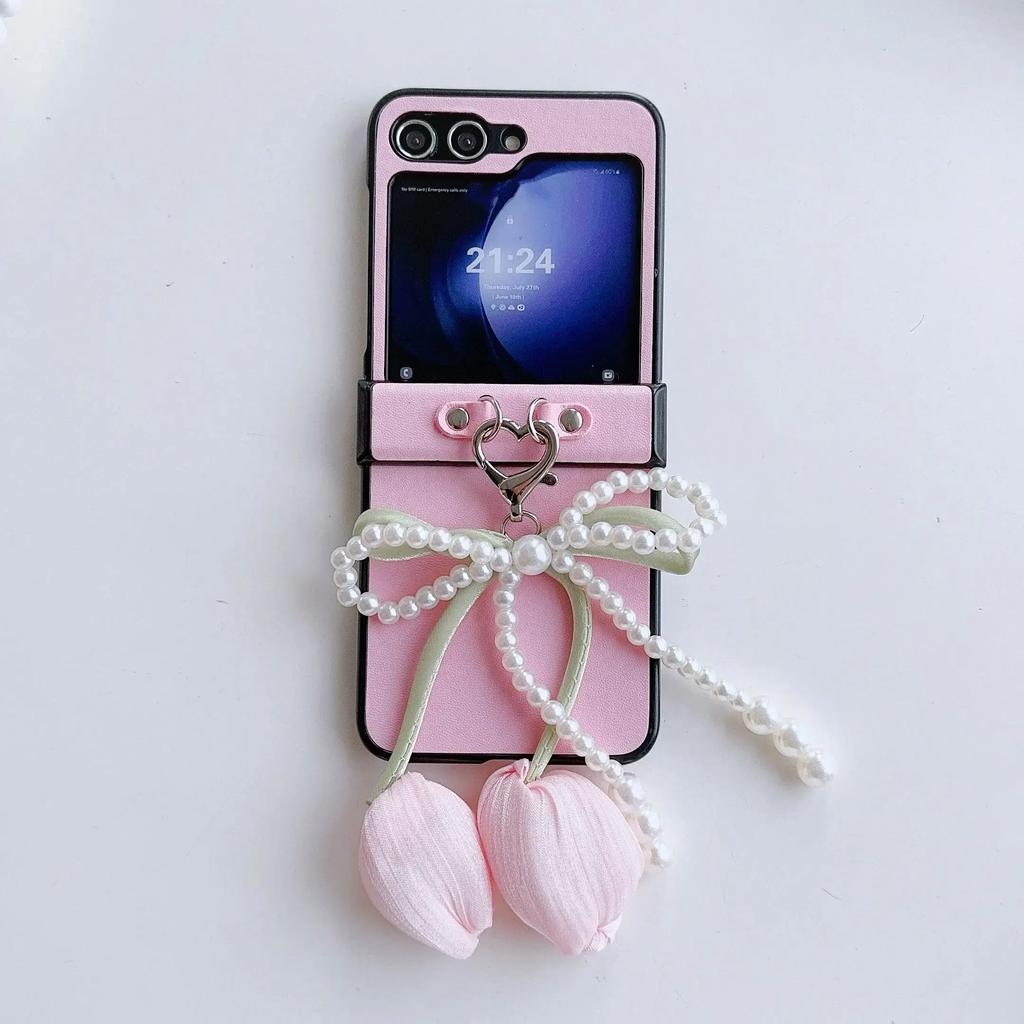 Perlen Schleife PU Leder Blume Handgelenkschlaufe Handyhülle für Samsung Galaxy Z Flip 6 5 4 3 5G Scharnierschutz Stoßfeste Hülle