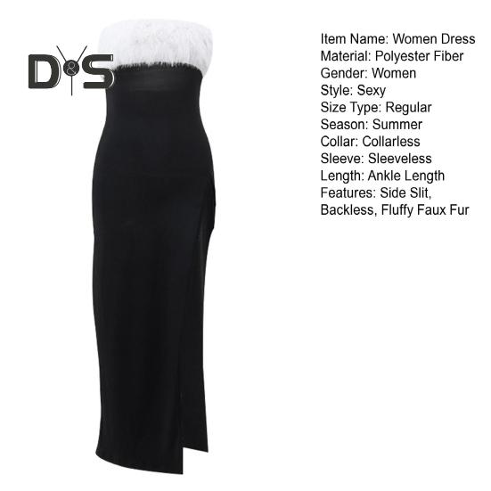 Women Evening Dress Off Shoulder Sleeveless Backless Collarless Bandeau Fluffy Faux Fur Decor Side Slit Cocktail Party Prom Maxi Tube Top Dress