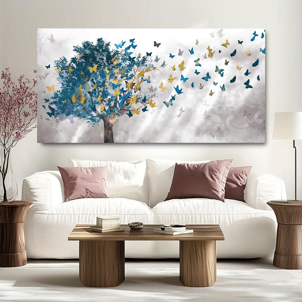 Abstract Blue Tree Butterfly Canvas Painting Posters and Prints Landscape Wall Art Pictures for Living Room Cuadros Decor Modern Decorative Prints