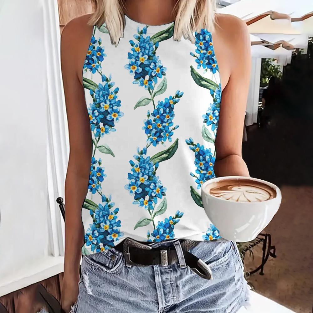 Módní letní květinové 3D potisk tílka dámské Harajuku streetwear nadměrné O-výstřih vesta bez rukávů s odhalenými rameny dámské tílko