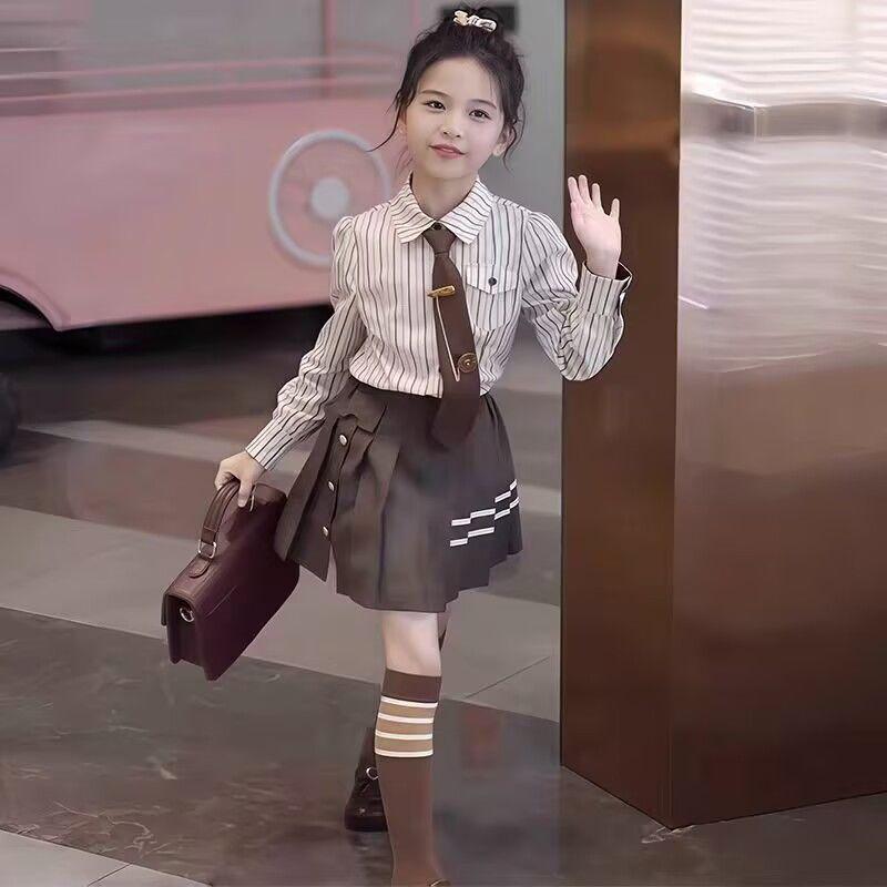 Плиссированная юбка для девочек, комплект школьной формы JK - Модный академический стиль 2025 года для весны и осени 140 грязно-белый