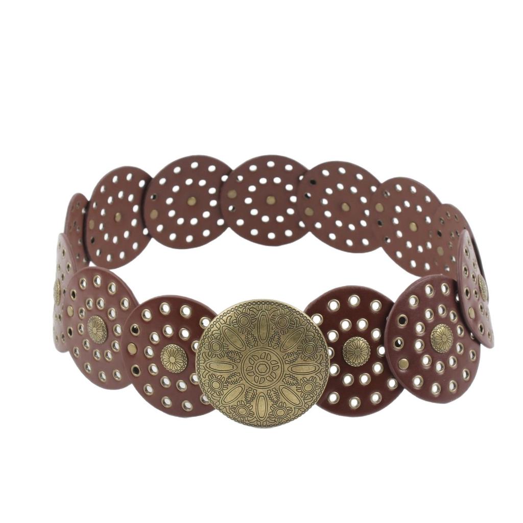 Bohemian Wide Waist Belt for Women Vintage Western Style Round Hollow Out Design for Dress Jeans Casual Outfits