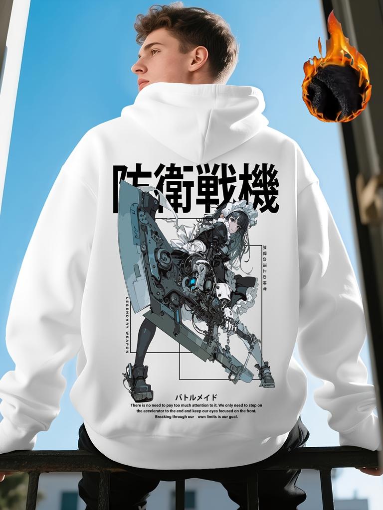Cyberpunk Anime Female Character Print Men's Hooded Sweatshirt - Suitable for Autumn and Winter Street Fashion and Casual Wear.