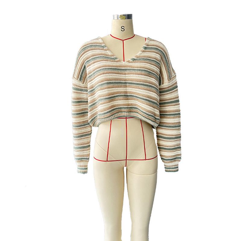 Women's Sweater Long-sleeved V-neck Loose Striped Knitted Sweater