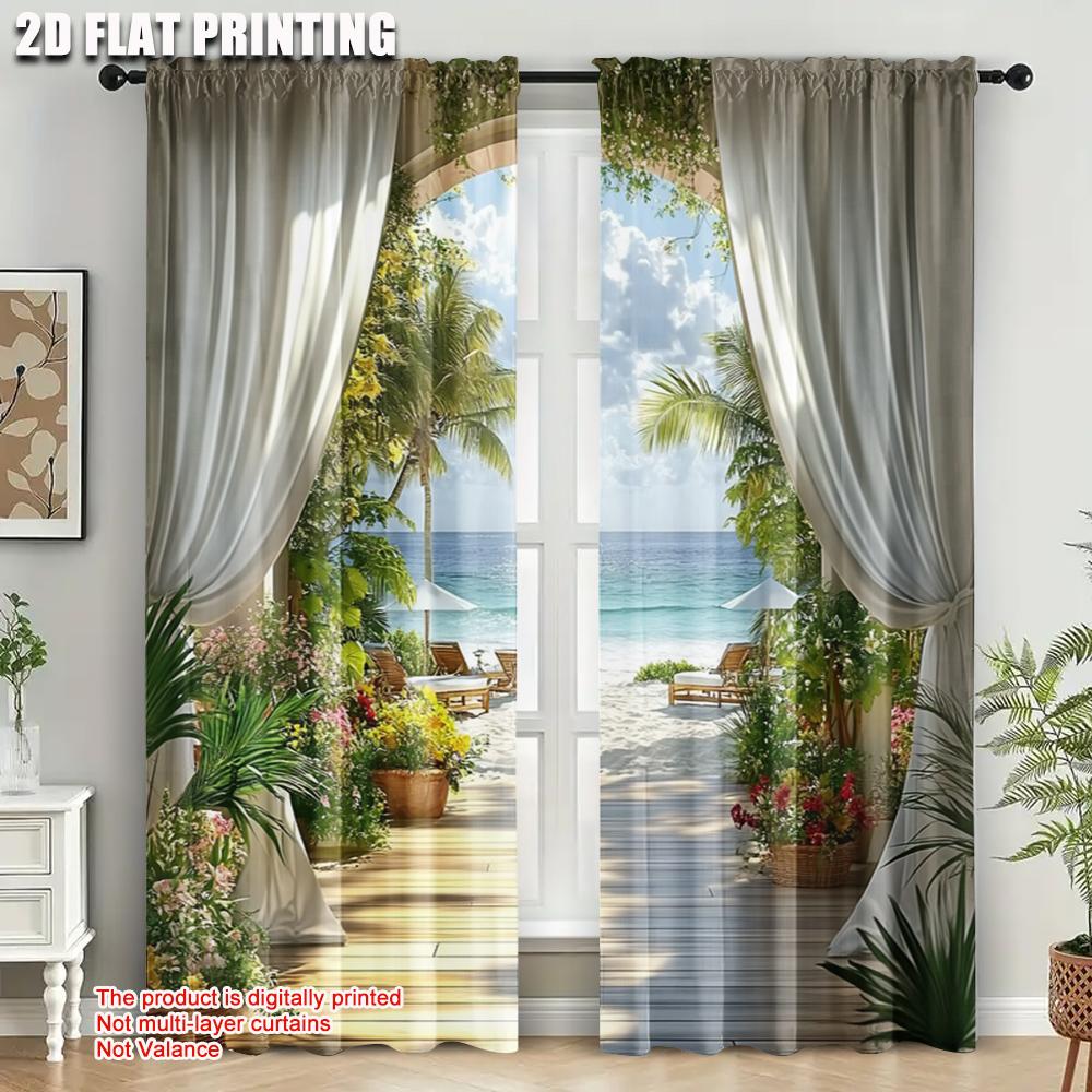 2pcs   Fashionable Curtains 2D print Hawaiian Beach Scene Fabric (without rod) Versatile All for Bedroom   Living Room