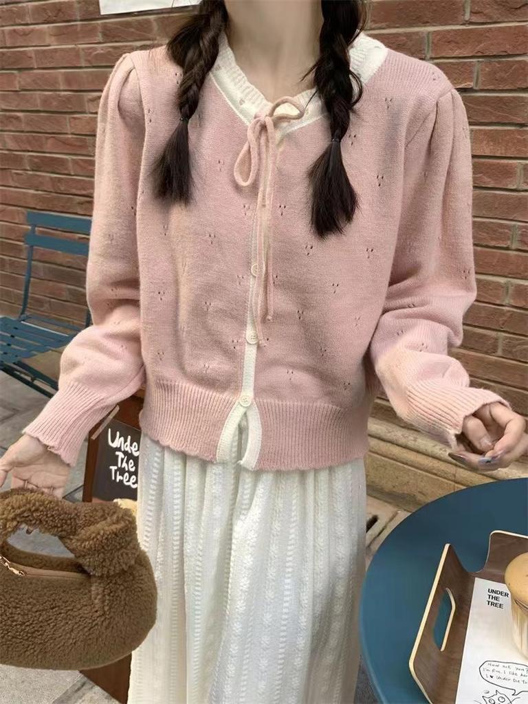 2025 Spring and Autumn Korean New Sweet Knitted Cardigan Gentle Wind Lace-up Bow Color Matching Sweater Jacket Women