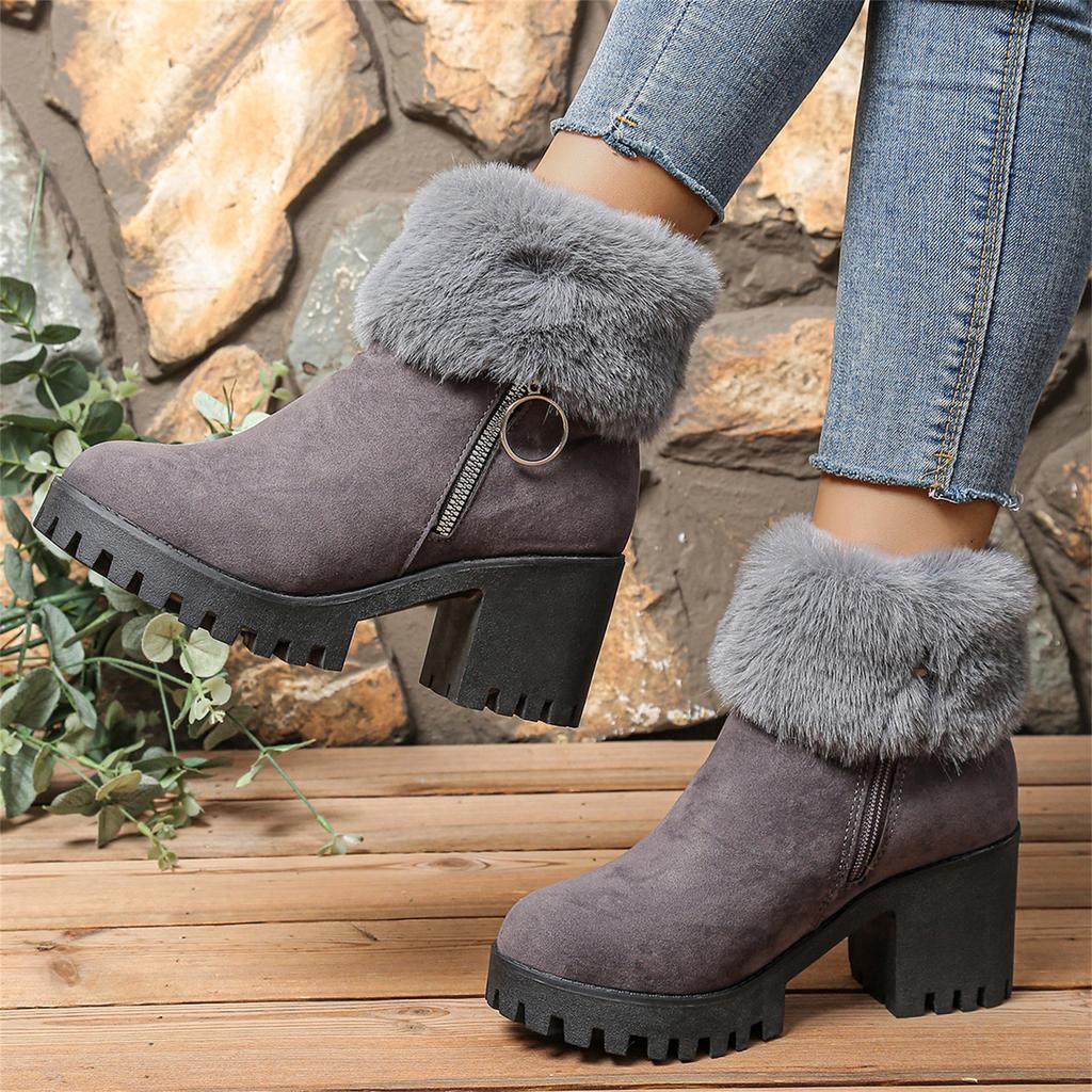 Women's Plus Size Fashion -Lined Warm Side Zip Round Toe Heel Casual Boots