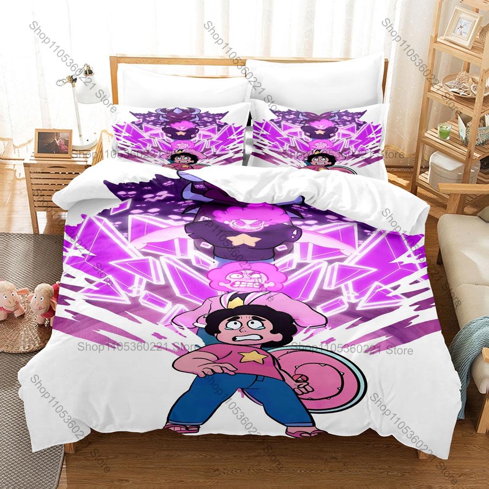 Cooles 3-in-1 Steven Universe Bettwäsche-Set, Bettbezug + Zwei Kissenbezüge, Niedlicher Anime-Kunstdruck Weicher Stoff Schönes Geschenk