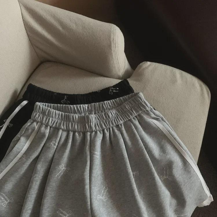 Women's Elastic Waist Lace Bowknot Print Summer Casual Wide Leg Shorts