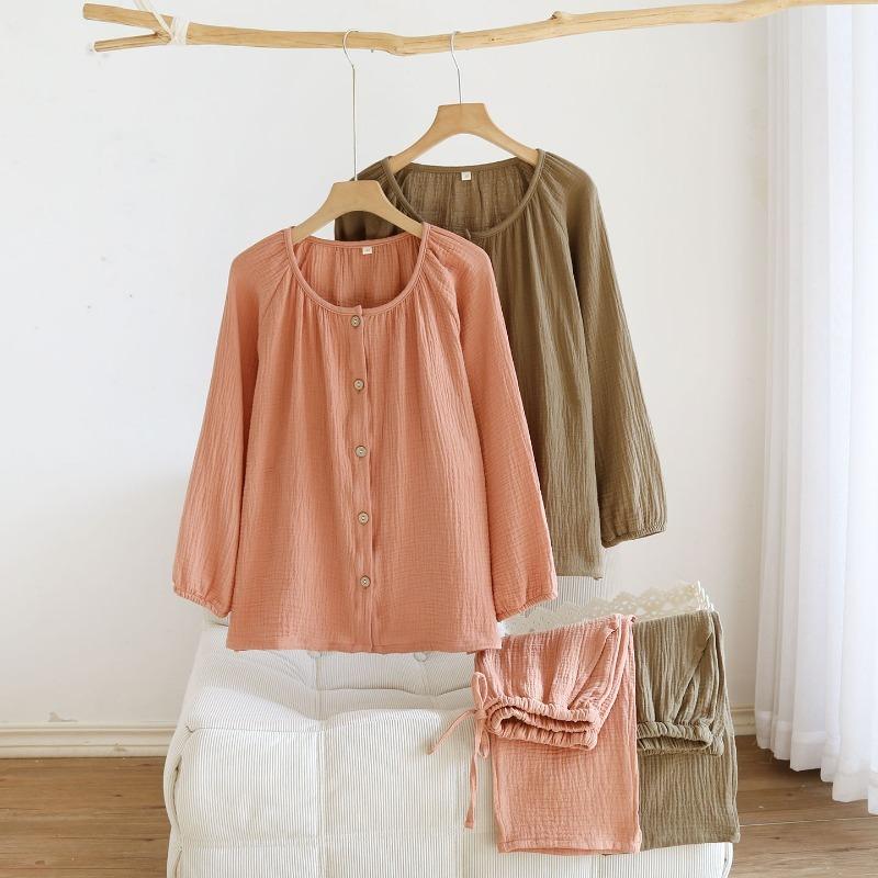 2026 Neues Frühjahrs- und Herbst-Pyjamaset 100% Baumwollkrepp Groß Langarm Lange Hose Dünn Locker Hauskleidung Zweiteiliges Set