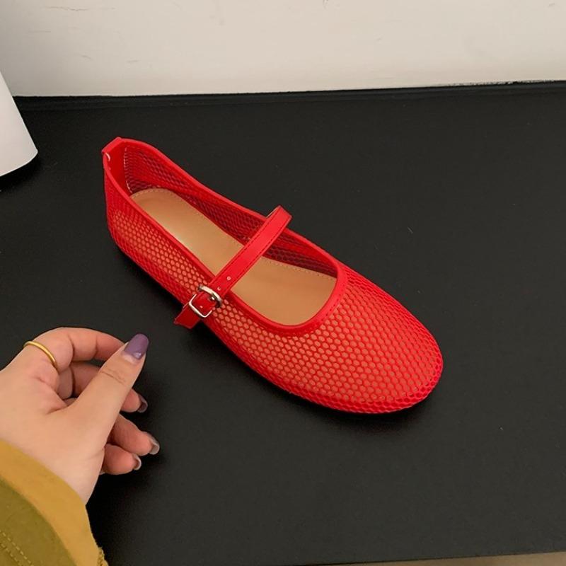 Fashion Mesh Hollow Breathable Single Shoes New Round Toe Shallow Mouth One Buckle Soft Sole Flat Shoes for Women in Spring and Summer