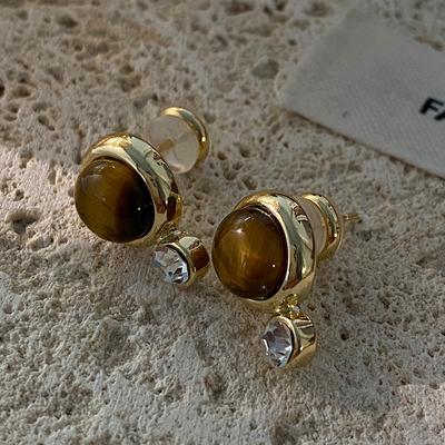 Boucles d'oreilles à tige rondes en pierre d'œil de tigre Boucles d'oreilles de tempérament rétro d'atmosphère Boucles d'oreilles de personnalité de mode Boucles d'oreilles polyvalentes simples